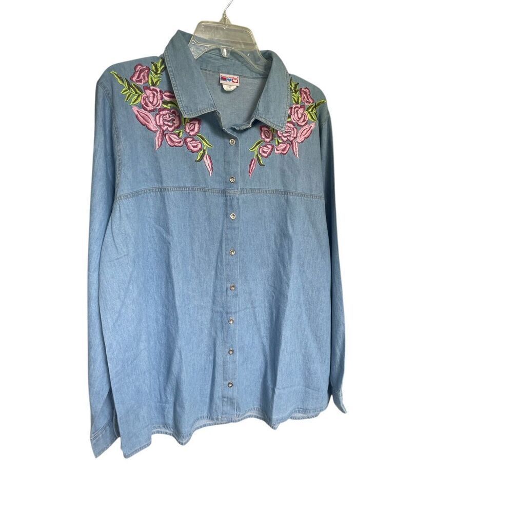 American Sweetheart Denim Embroidery Floral Long Sleeve Blouse Blue Size XX